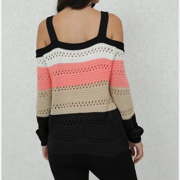 Striped Cold Shoulder Sweater Loose Knit Beige Black Peach S - Picture 2 of 10
